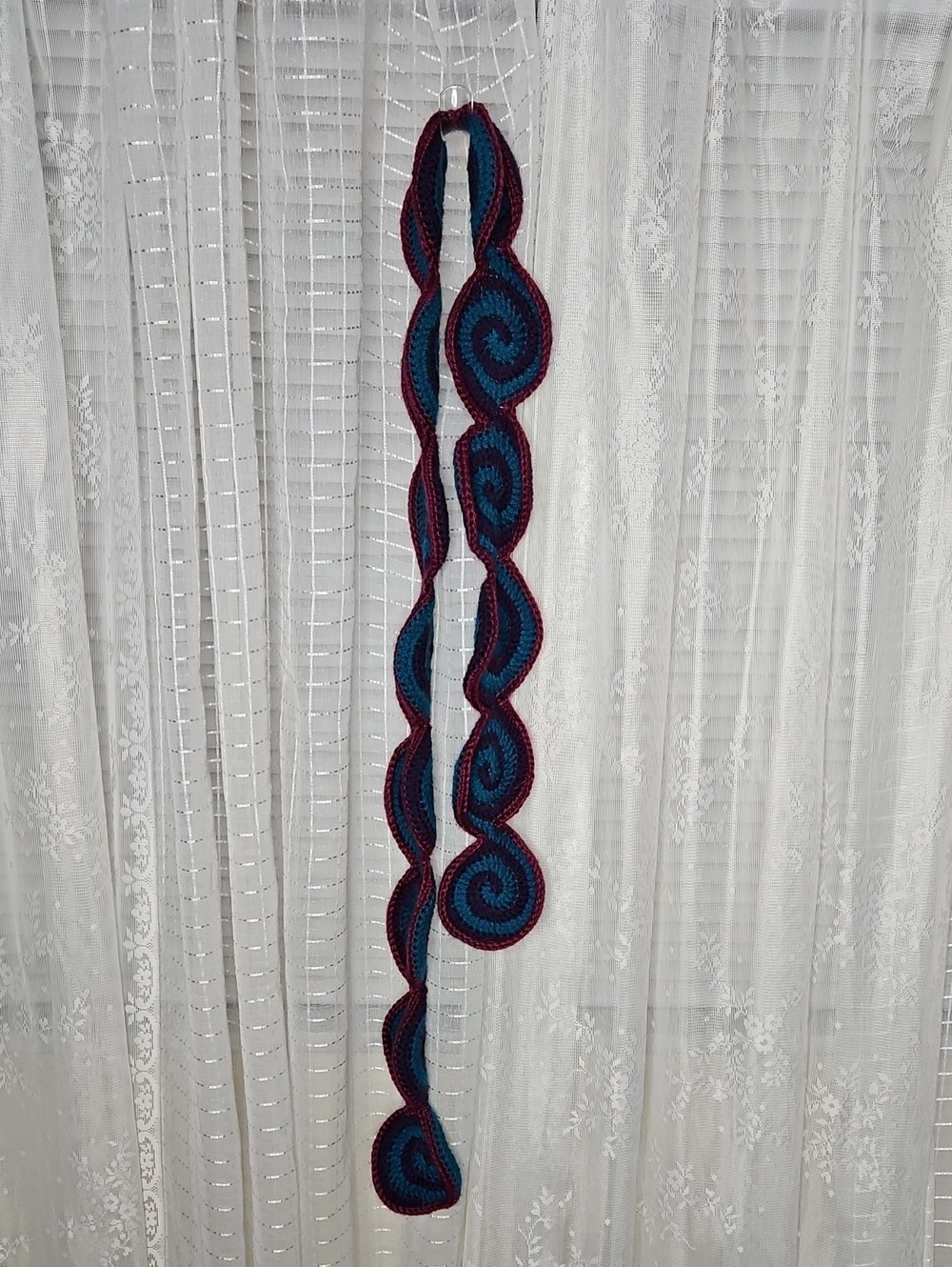 Handmade crochet spiral scarf, swirly or centipede-style scarf